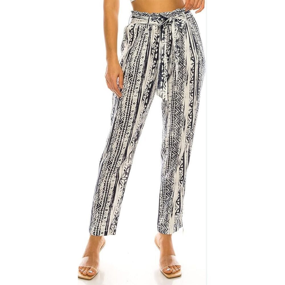 Cali 1850 Gray Aztec Linen Pants S Geometric Minimalist Beachy Coastal *NO BELT*